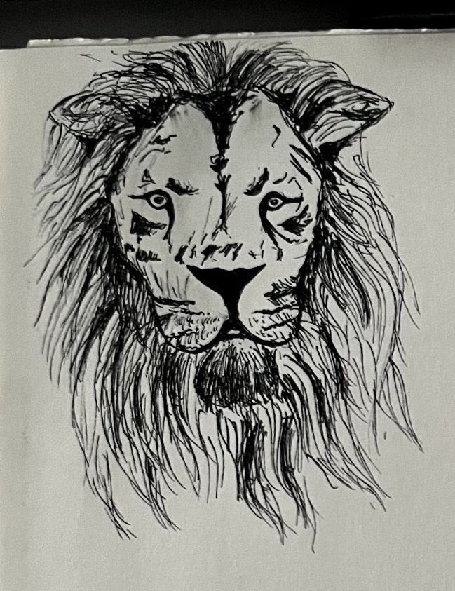 Striking black ink portrait of a lion head, focusing on the detailed mane and high-contrast shading.